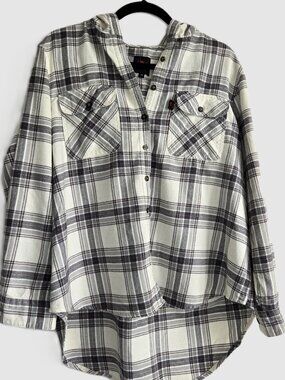 Body 10der Hooded Flannel Shirt | High-Low Hem & Tabbed Sleeves | Size 2X